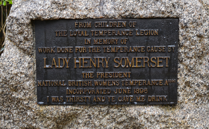 Plaque below statue in honour of Lady Henry Somerset